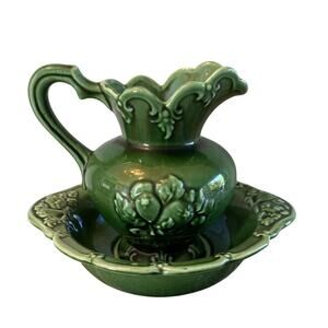 Vintage 1940s Camark Pottery Green Pitcher w/ Basin 224 USA
